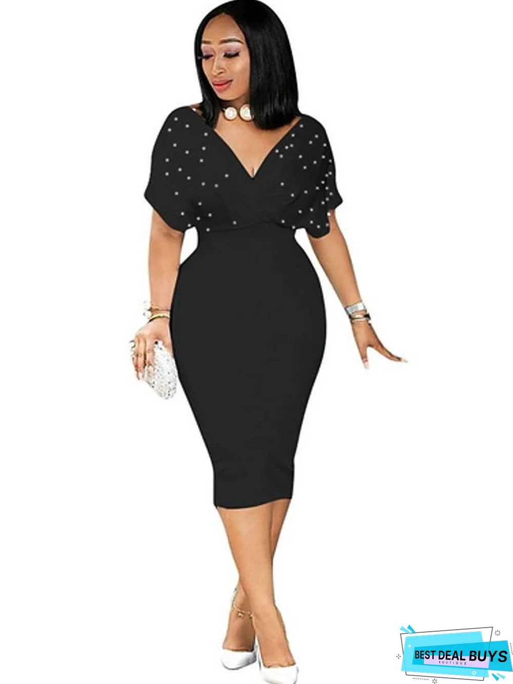 Women's Sheath Dress Knee Length Dress Short Sleeve Solid Colored Beaded Fall Winter Hot White Black Blushing Pink Wine White Dresses