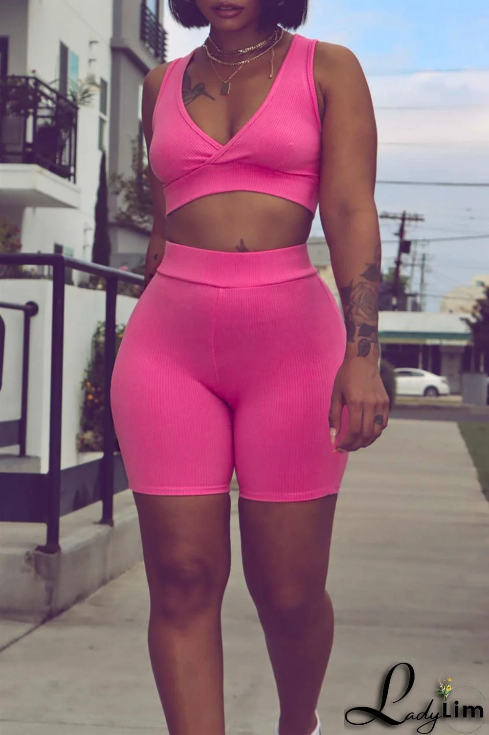 Blue Fashion Casual Sportswear Solid Patchwork V Neck Sleeveless Two Pieces