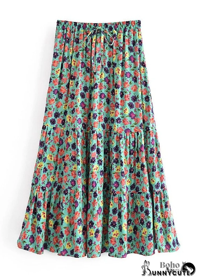 Boho Skirts in Camila Flower in Green For Women