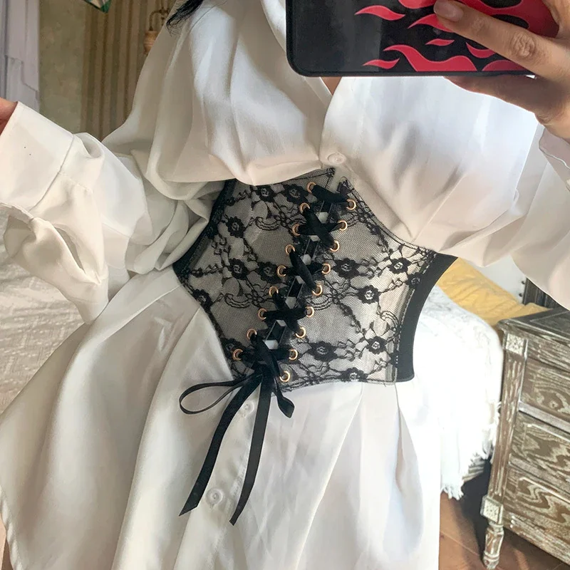 Billionm Women Decorative Corset Black Sexy Lace Up Underbust Waist Bandage Bustier Body Slimming Wide Belt Dress Elastic Waistband