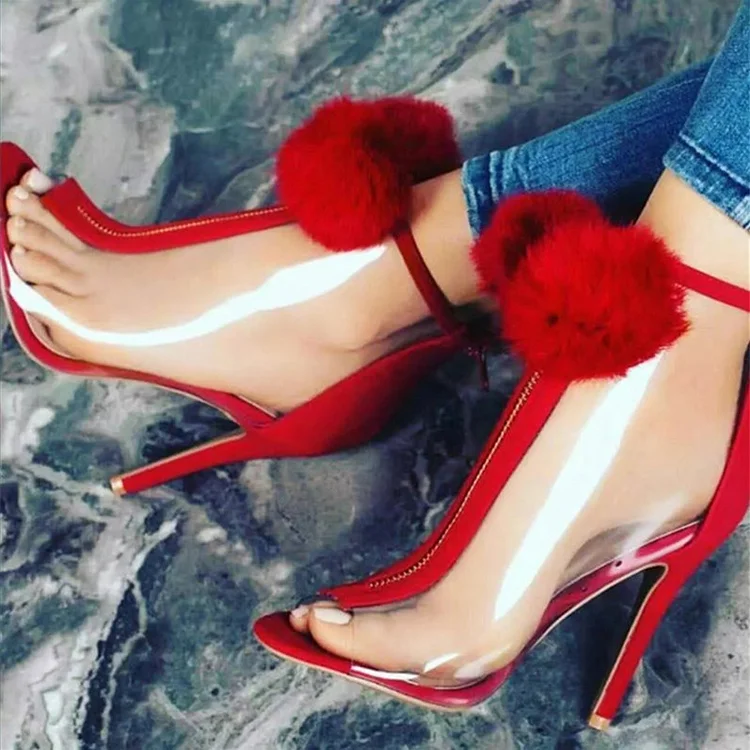 Red and Transparent Pom Pom Shoes Stiletto Heel Peep Toe Ankle Boots |FSJ Shoes
