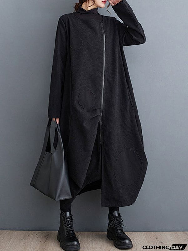 Long Sleeves Loose Asymmetric Pleated Polka-Dot Split-Joint Zipper High-neck Midi Dresses Outerwear