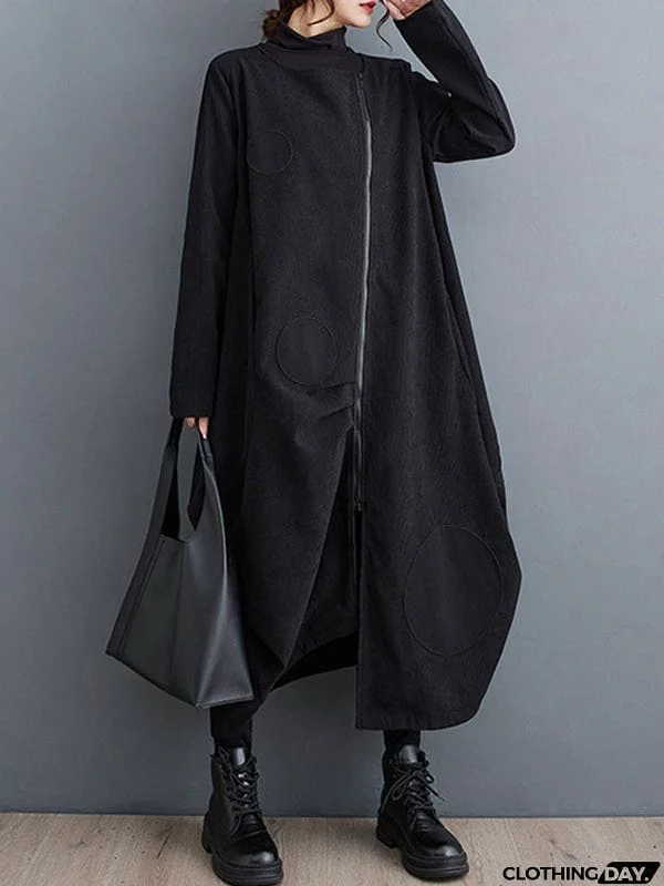 Long Sleeves Loose Asymmetric Pleated Polka-Dot Split-Joint Zipper High-neck Midi Dresses Outerwear