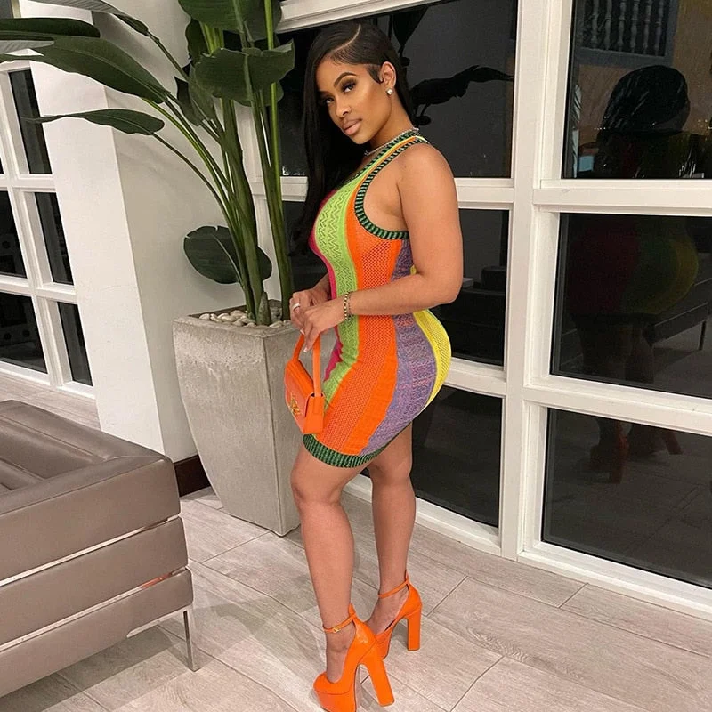 BIIKPIIK Color Match Patchwork Knitting Dress Women Mini Streetwear Party Clothing O Neck Sleeveless Summer 2022 Vintage Dresses
