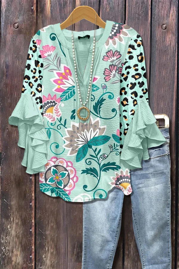 Multi Floral Print Leopard Ruffle Sleeve Top