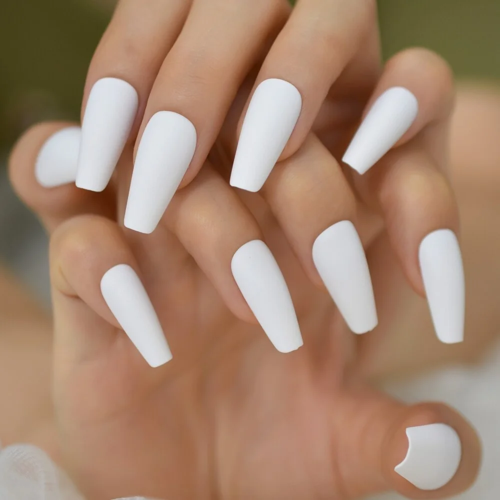 White Fake Nails Press On Acrylic Tips Gel Solid Color Long Coffin Ballerina False Nail Set For Nails Salon DIY Home-Nail Inspo