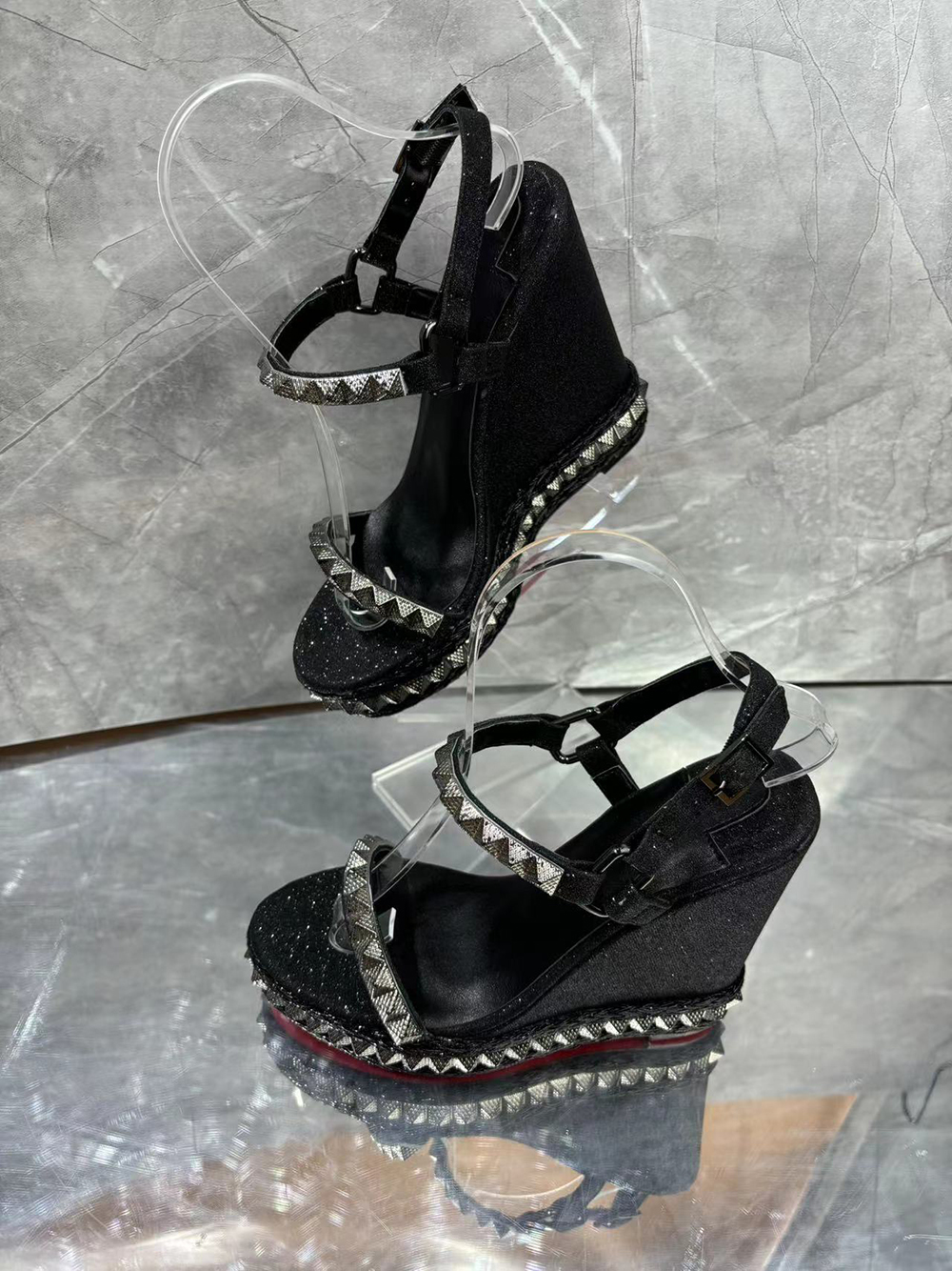 110mm Women's Platform Wedge Pumps Silver Pyramid Spike Red Bottoms Sandals