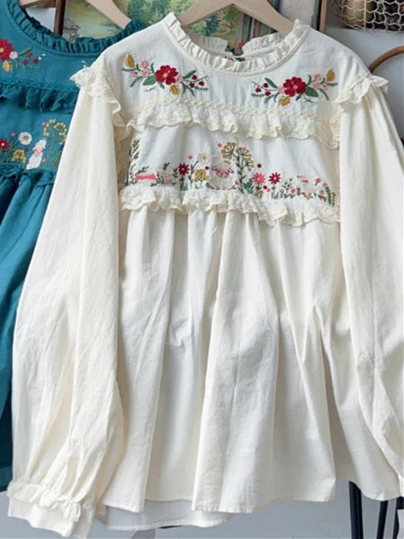 Women's Lace Embroidery Scoop Neck Long Sleeve Top