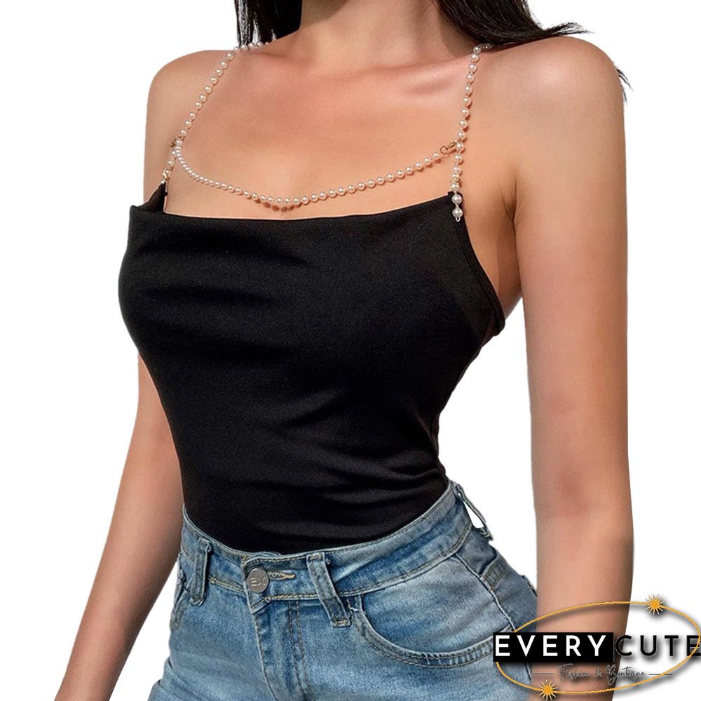 Womens Sexy Pearl Chain Solid Color Tank Top Sleeveless Backless Bodycon Cropped Camisole
