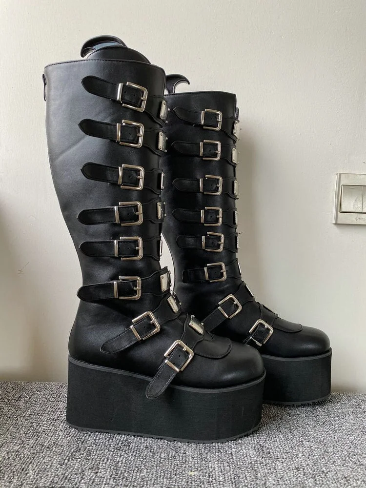 Brand Design Female Gothic Cosplay Wedges High Heels Women Boots Fashion Metal Buckle Platform Knee High Boots Punk Shoes Woman