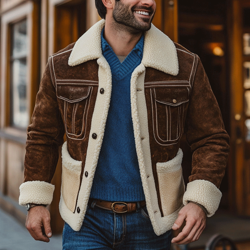 Men's Vintage Outdoor Suede Spliced Pocket Flip Collar Lamb Wool Khaki Jacket-inspireuse