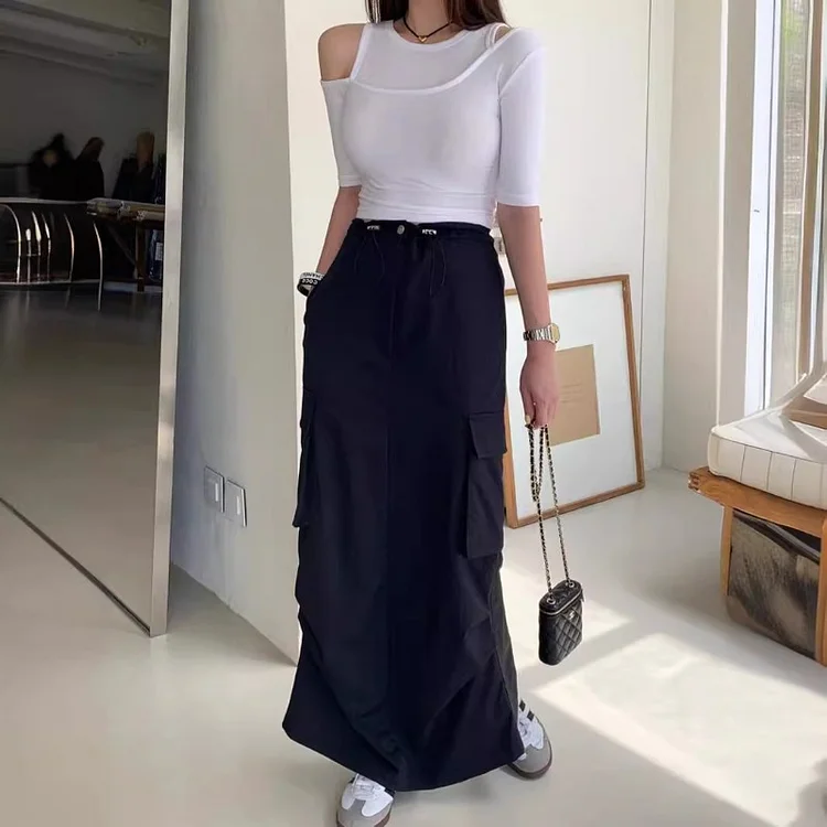 Casual Solid Color Drawstring Pocket Skirt