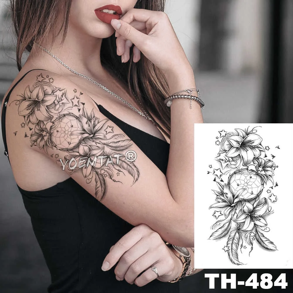 Heart shaped Clock Jewel Rose Waterproof Temporary Tattoo Sticker Black Arm Back Flowers Big Tatto Body Art Fake Tatoo For Women