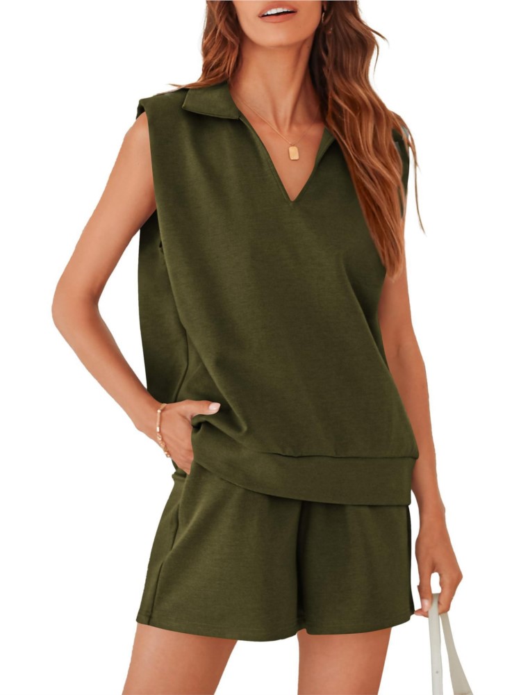 Wimdaily Summer Casual Solid Loose Short Pants Sets Elegant Women V Neck Sleeveless Tanks Tops & Shorts Pockets Two Piece Sets Outfits