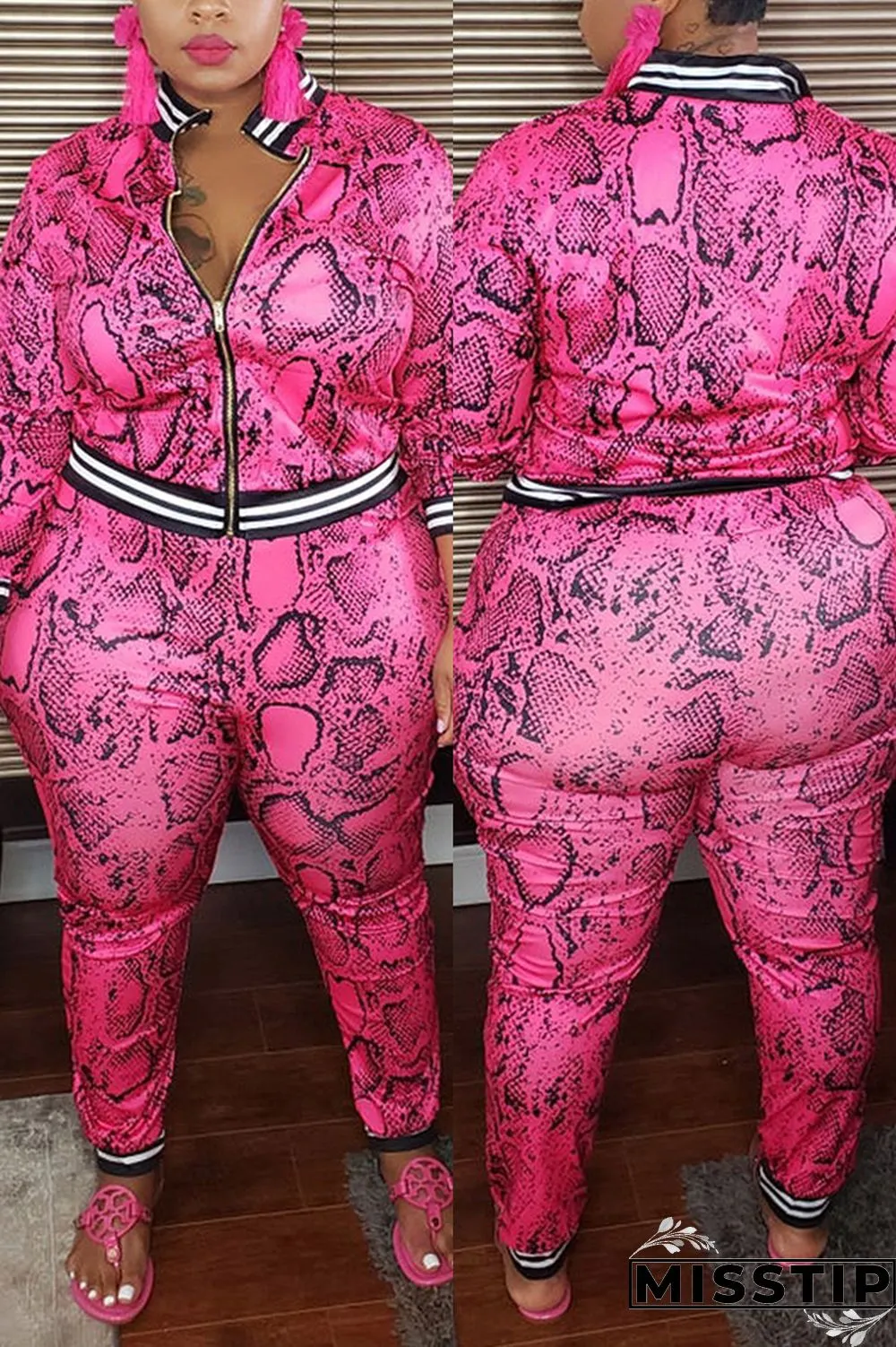 Pink Fashion Casual Zipper Collar Long Sleeve Regular Sleeve Print Plus Size Set Dress