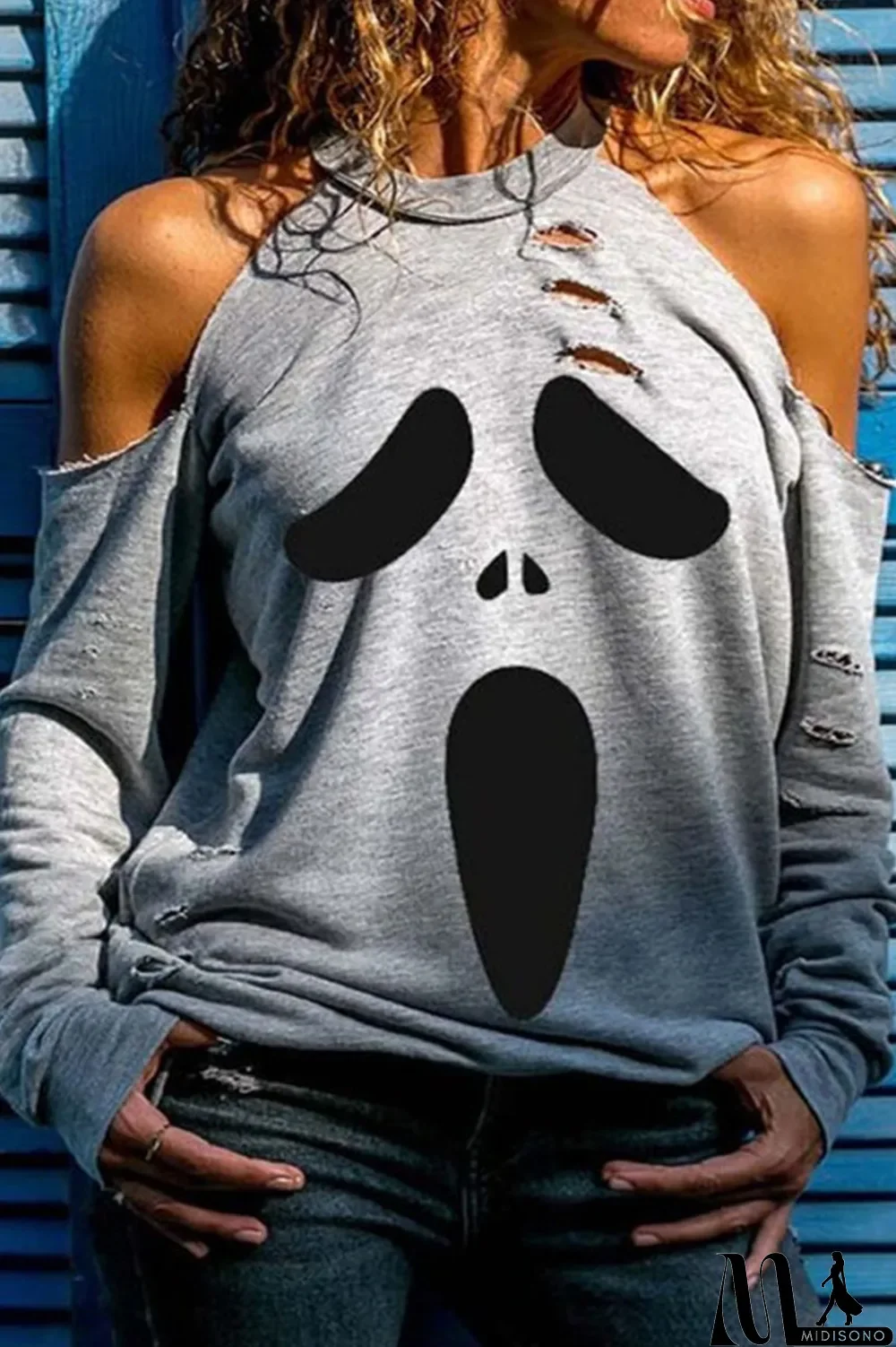 MidiSono - Black Gray Street Print Ripped Hollowed Out Split Joint O Neck Tops