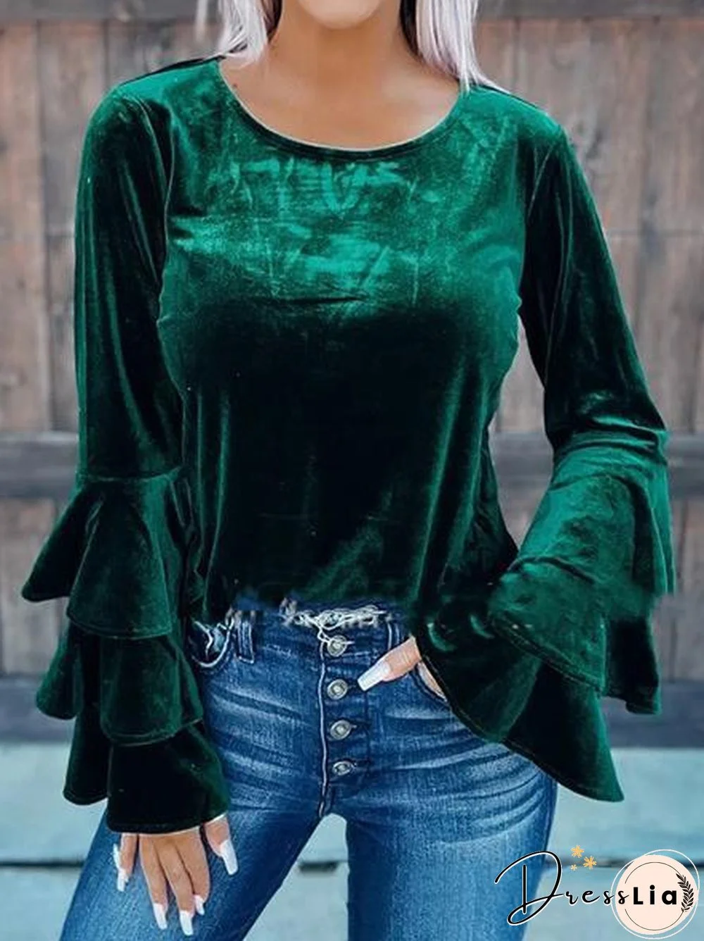 Green Mandarin Sleeve Plain Flannelette Top