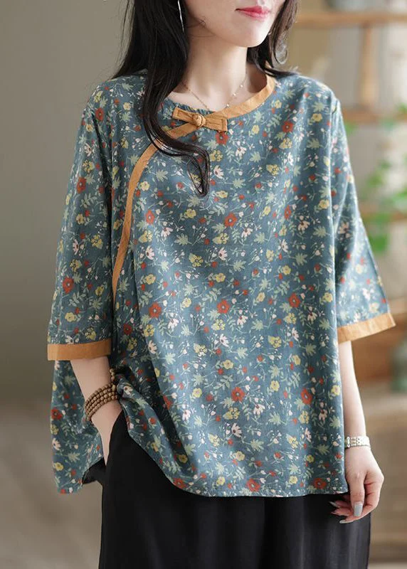Vintage Blue Oversized Print Chinese Button Linen Blouse Top Half Sleeve