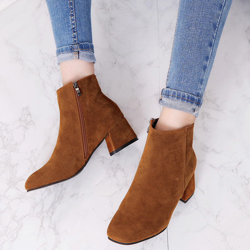 Comelyy Fashionable pointed toe frosted suede chunky heel boots mumuwear
