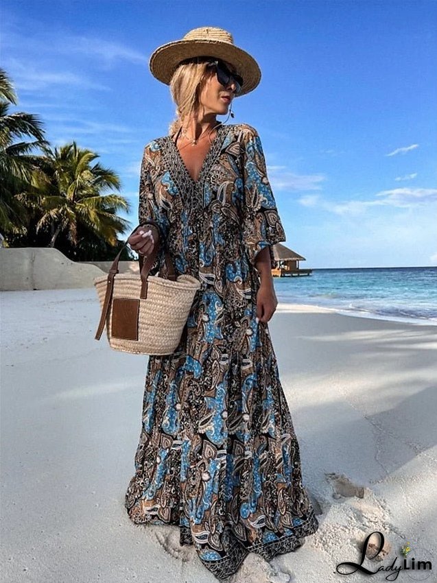 Long Dress Maxi Dress Sundress Boho Dress Print Dress Print Fashion Bohemian Holiday Vacation Going out Print Half Sleeve V Neck Dress Regular Fit Blue Purple Green Summer Spring S M L XL XXL for Women