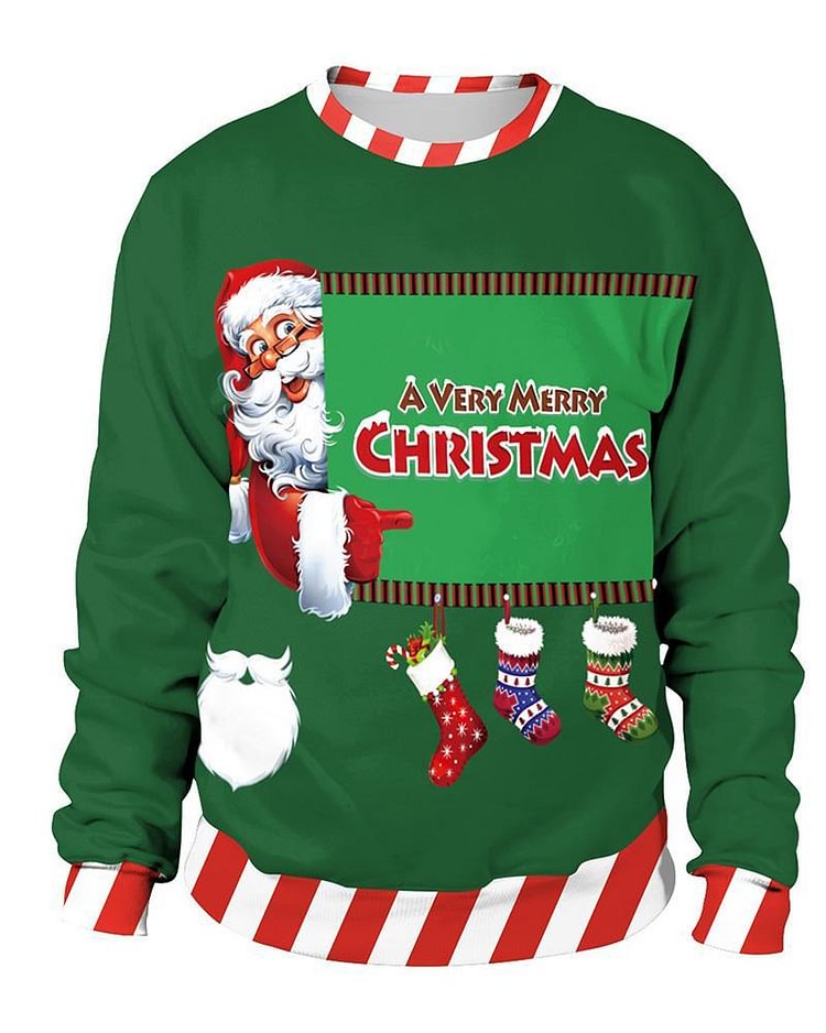 Mayoulove Green Christmas Stockings Santa Claus Printed Candy Trim Sweatshirt-Mayoulove