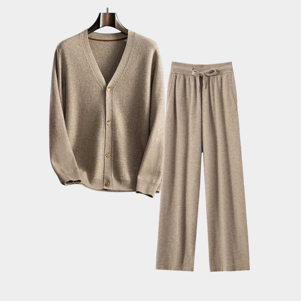 Men's Camel Cardigan Cashmere Sweater and Pants Set | Casual Outfit REAL SILK LIFE