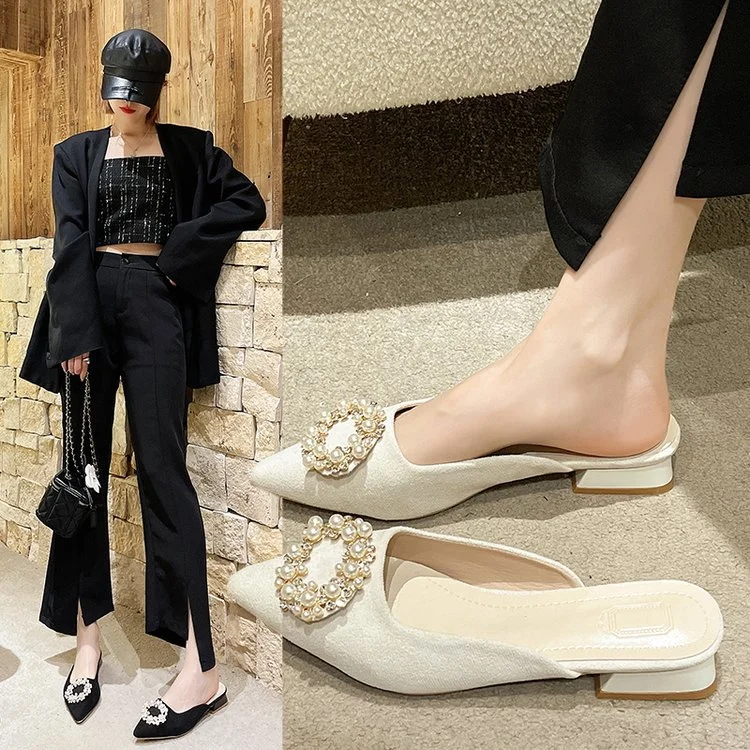 Wongn Wongn 2024 New Women's Shoes Korean Diamond Round Buckle Head Half Pointed Tip Low Heel Sandals Large Size