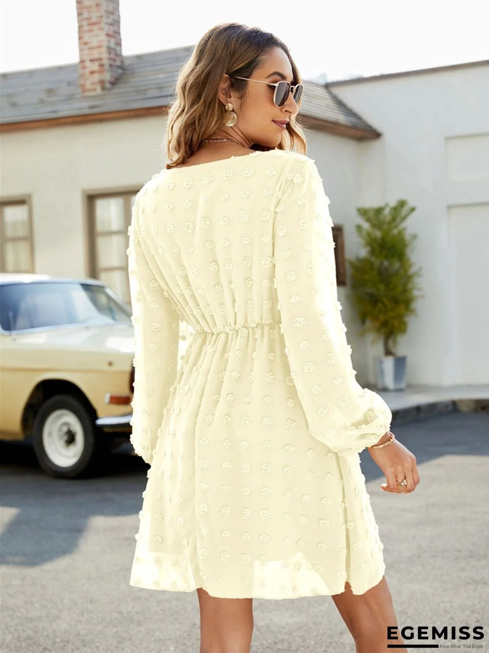 Dot A-line Skirt Ruffled V-neck Casual Loose Short Dress | EGEMISS