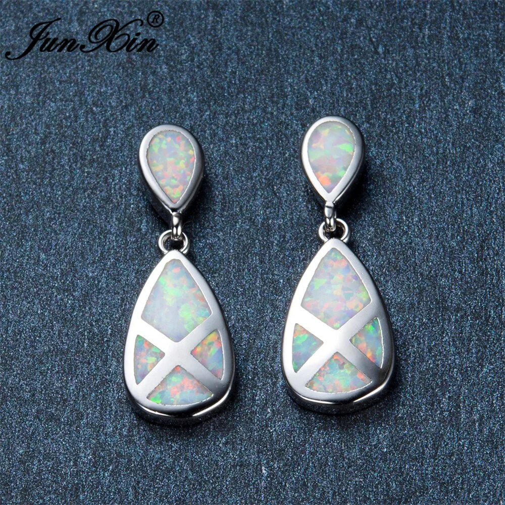 JUNXIN Women Water Drop Earring Fashion White Fire Opal Earrings Silver Color Long Dangle Earrings For Women