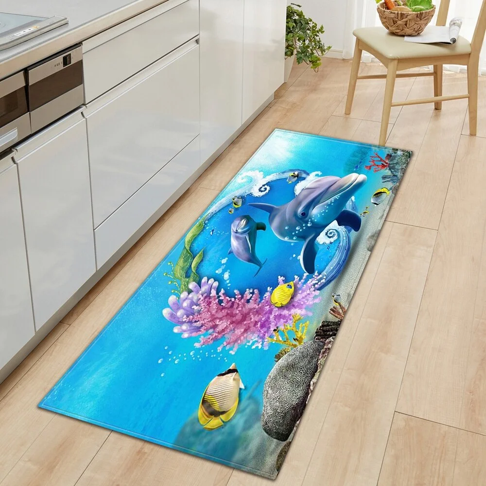 3D Underwater World Kitchen Mat  Entrance Doormat Bedroom Floor Decoration Living Room Carpet Bathroom Non-Slip Rug Long Strip