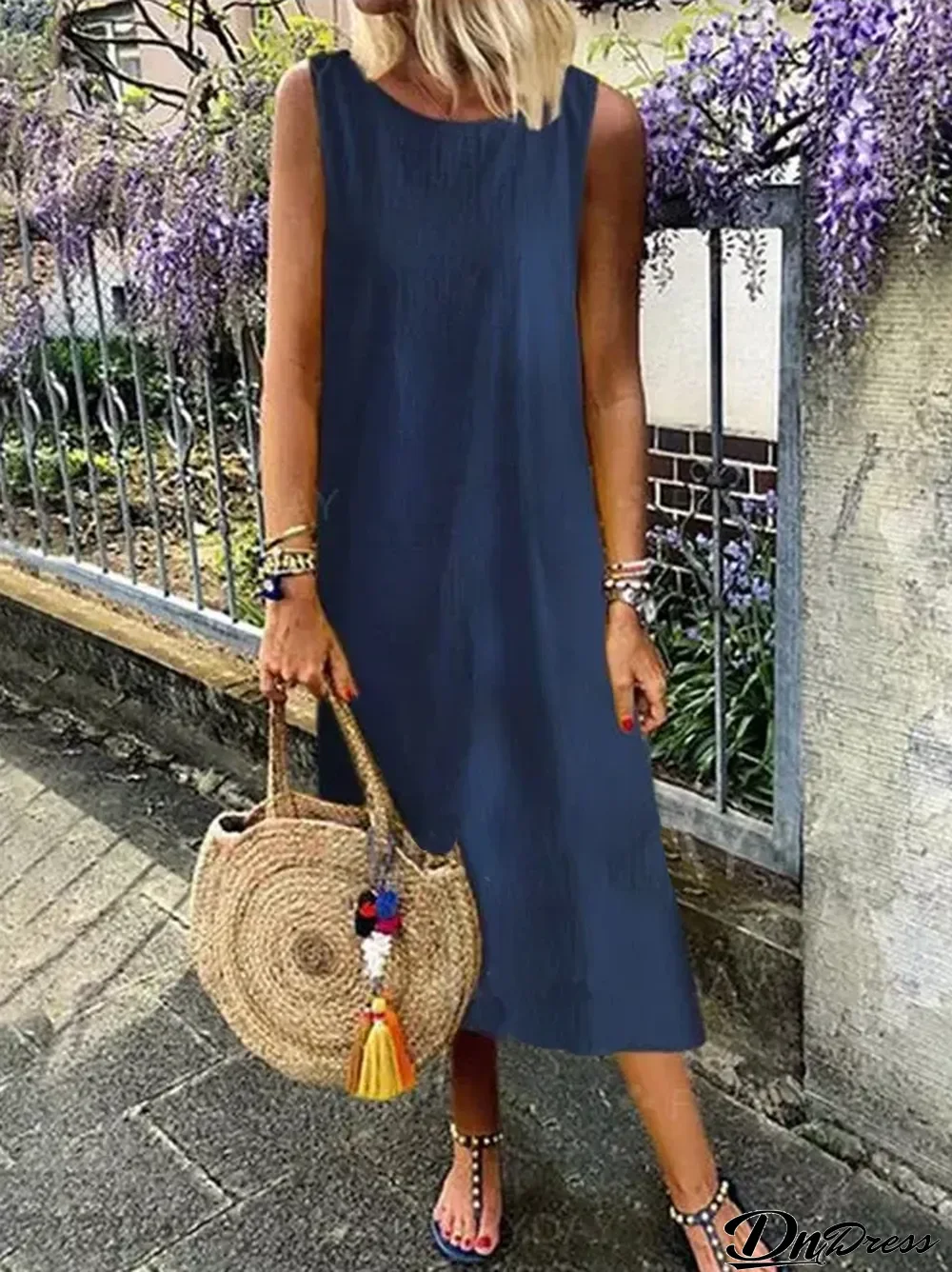 Loosen Cotton Crew Neck Sleeveless Woven Dresses