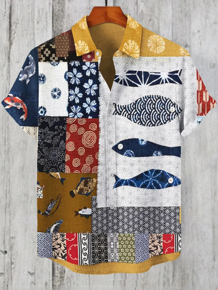 Men's Colorblock Patchwork Art Fish Patterns Short Sleeve Shirt