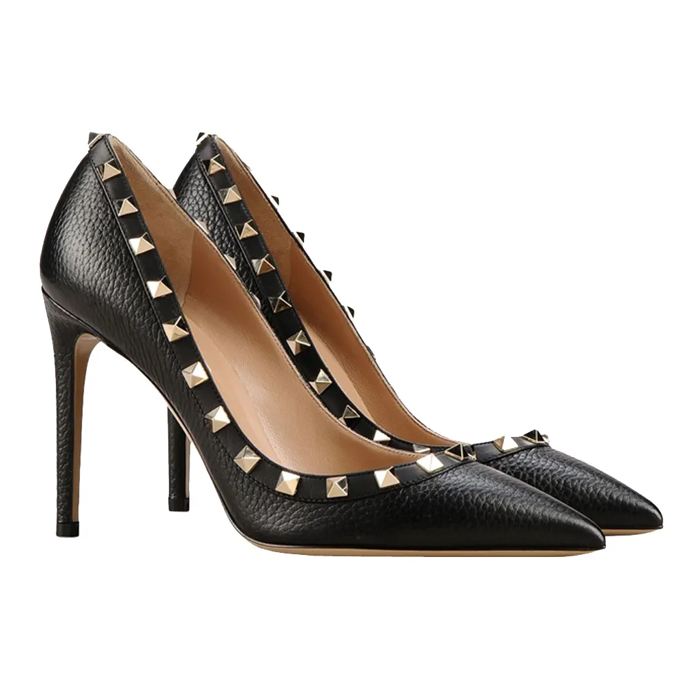 100mm Women's Sexy Pointy Toe Studs Stilettos High Heels Rivets Shoes Black Lines-vocosishoes
