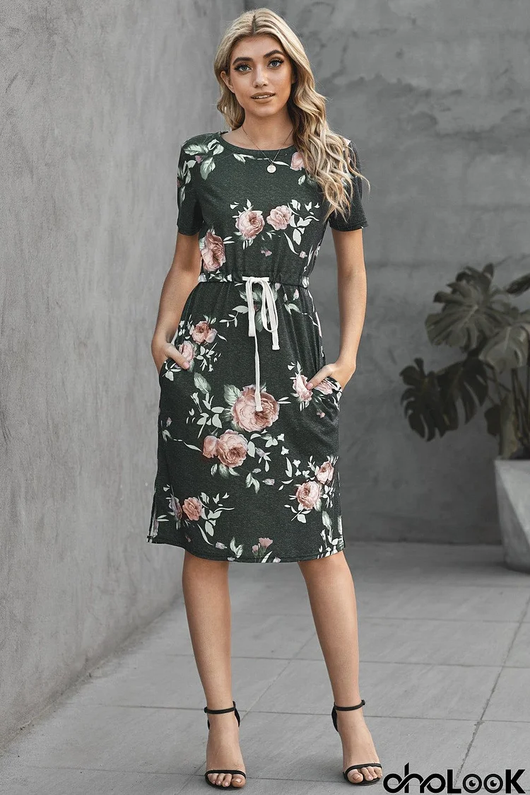 Dark Gray Short Sleeve Pocketed Drawstring Midi Floral Dress