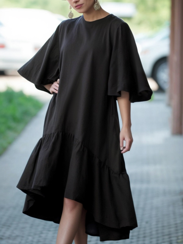 Half Sleeves High-Low Falbala Solid Color Round-Neck Midi Dresses