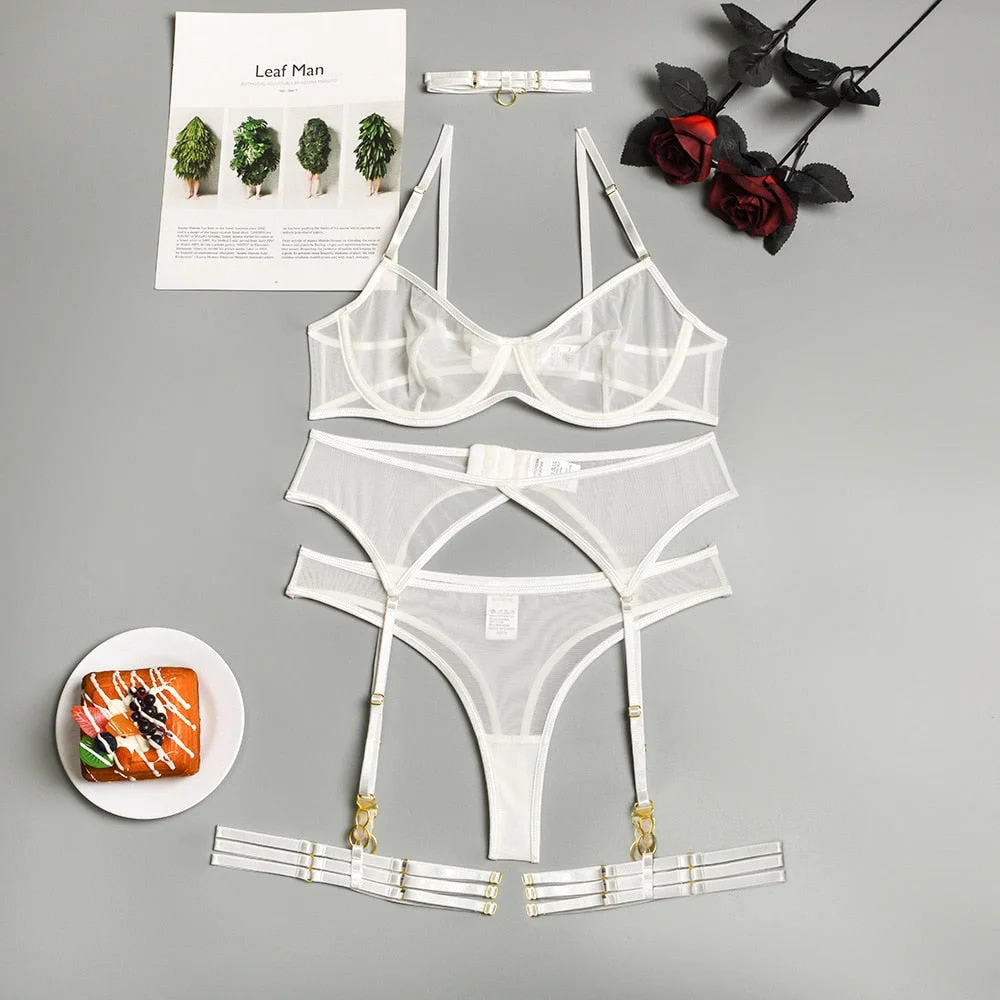 MIRABELLE Sensual Lingerie Set Woman 4 Pieces Sexy Erotic Underwear Bra Garters Brief Sets Transparent Lace Seamless Outfits