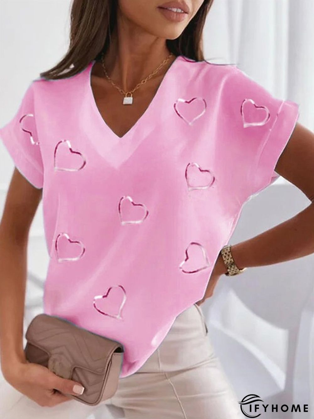 Women's White Heart Printed V Neck Cotton Blend Short Sleeve Casual Tunic T-Shirt | IFYHOME