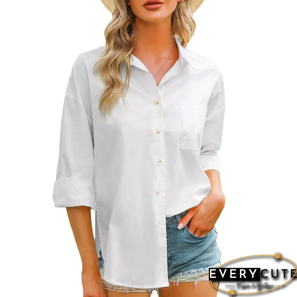 White Solid Turndown Collar 100%Cotton Shirt