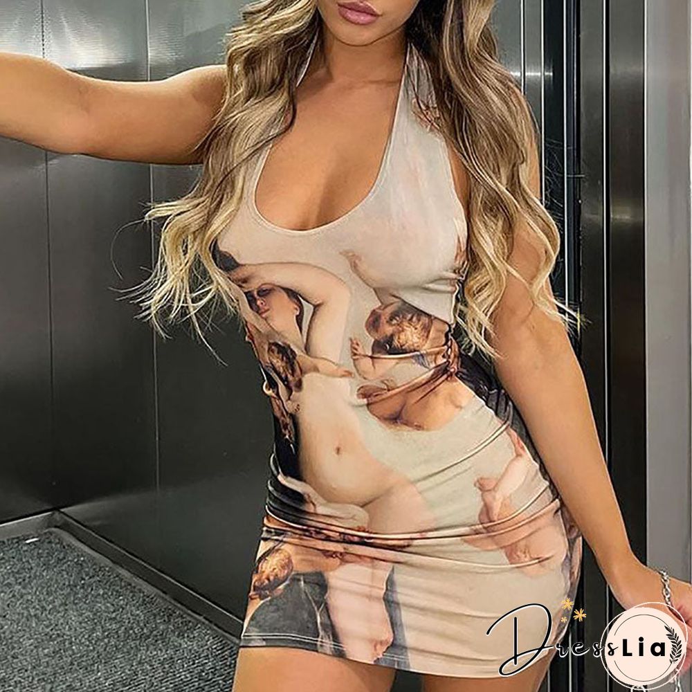 Women Summer Halter V Neck Sleeveless Printed Bodycon Party Mini Dress Female Clothing Streetwear