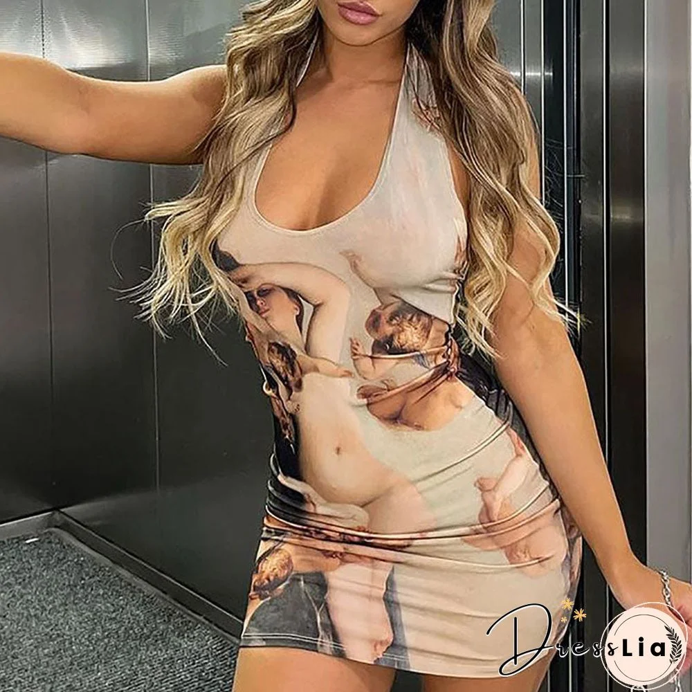 Women Summer Halter V Neck Sleeveless Printed Bodycon Party Mini Dress Female Clothing Streetwear
