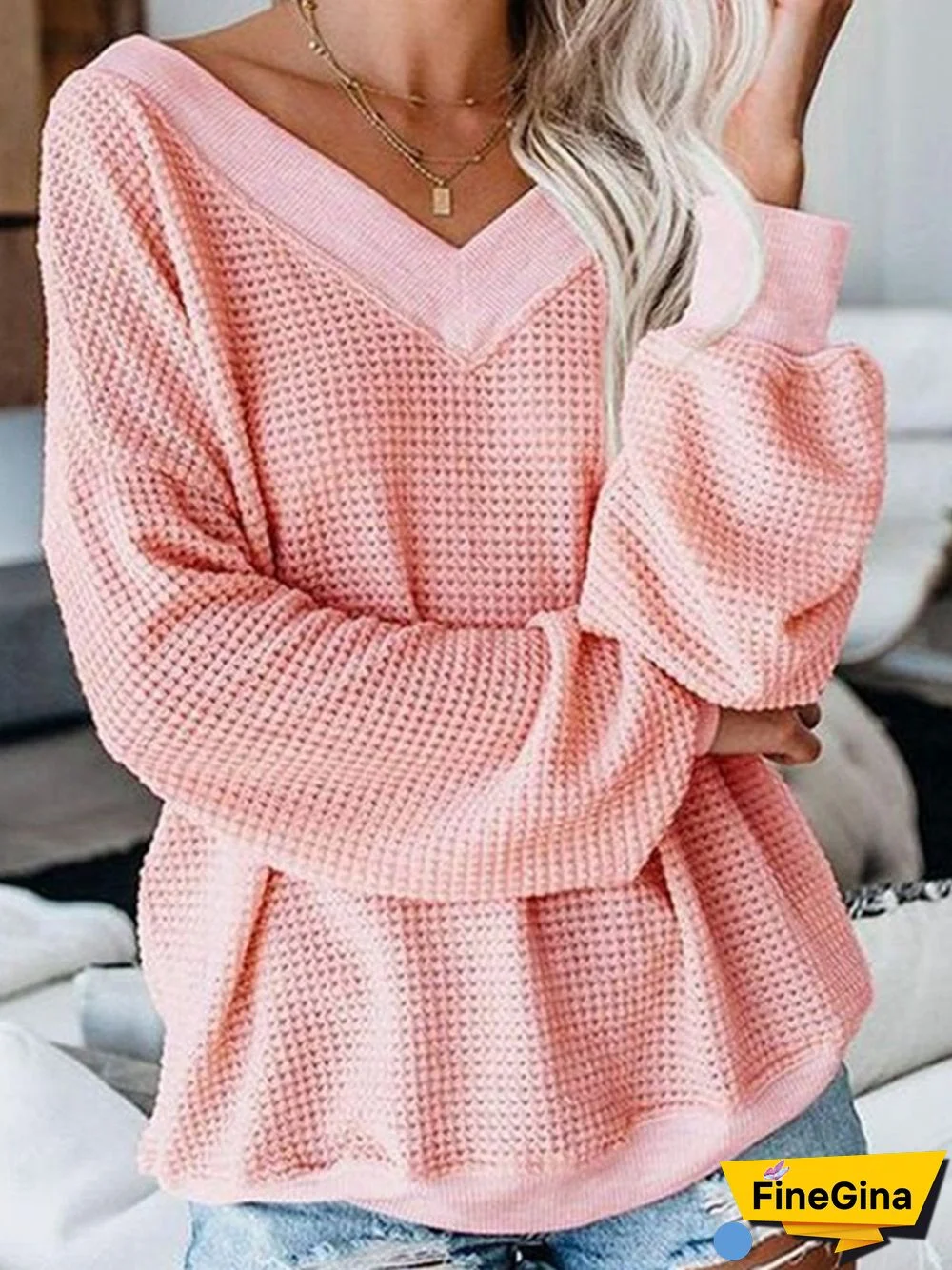 Pink Linen Shift Plain Long Sleeve Shirts & Tops