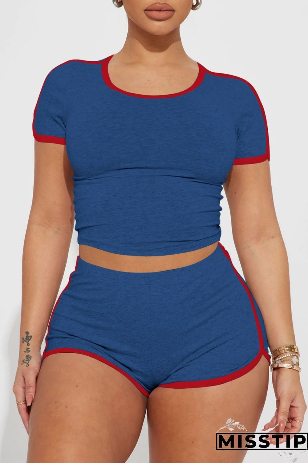 Navy Blue Casual Solid Patchwork O Neck Short Sleeve Two Pieces