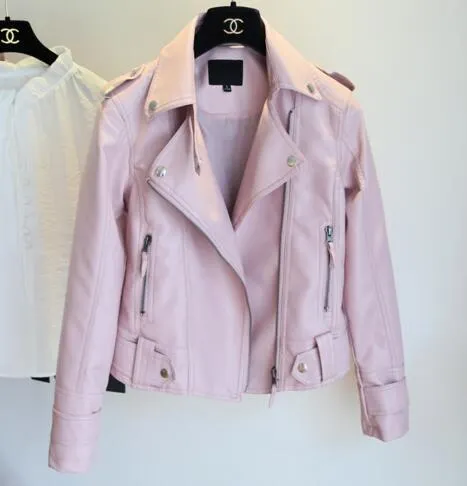 Fitaylor Female New Spring Autumn PU Leather Jacket Faux Soft Leather Coat Slim Black Rivet Zipper Motorcycle Pink Jackets