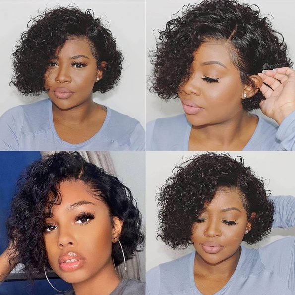 Pixie Cut Lace Front Wig Curly Human Hair 180% Density Bob Wigs