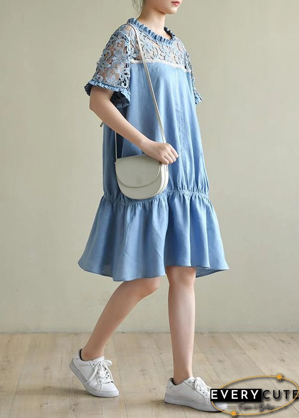Chic o neck patchwork lace summer dress light blue Dresses