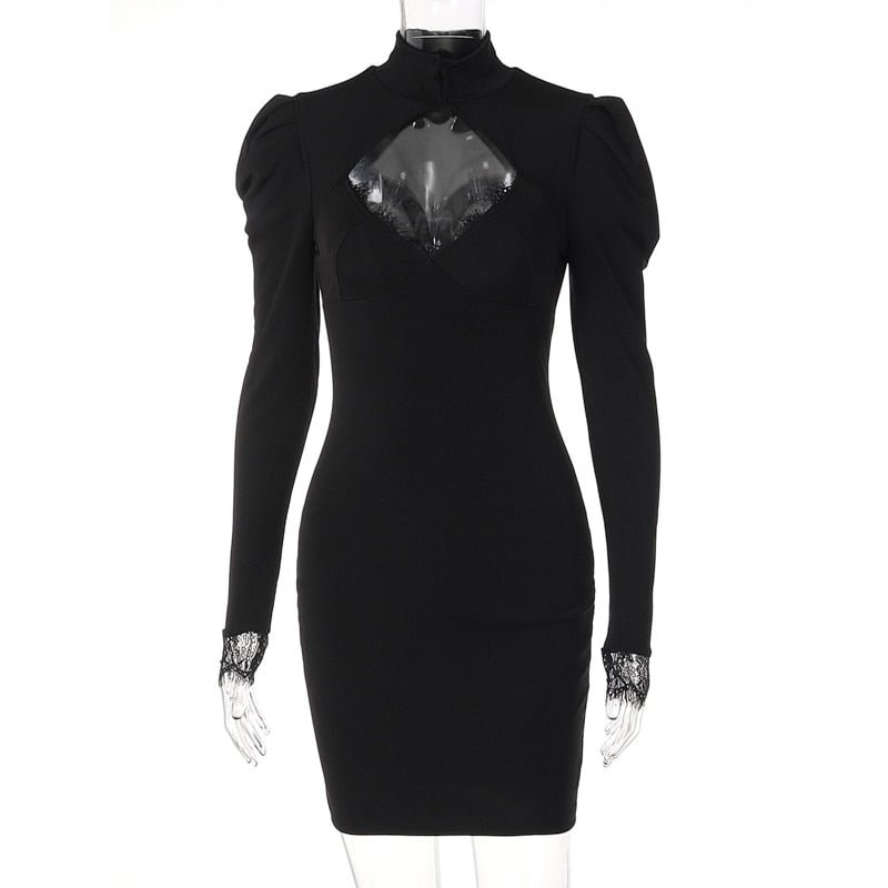 Hugcitar Solid Lace Turtleneck Long Puff Sleeves Hollow Out Mini Dress 2022 Fashion Women Elegant Streetwear Evening Party Y2K