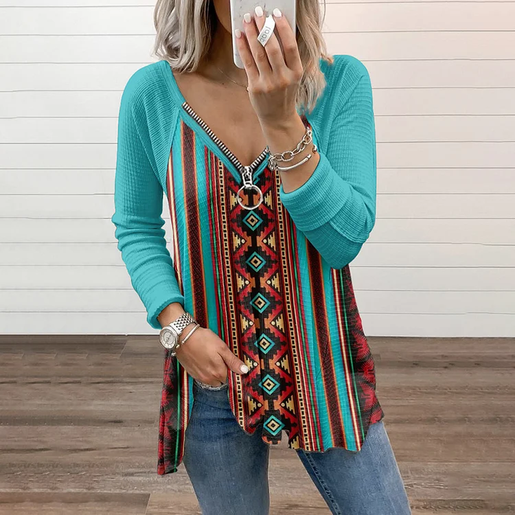 Ethnic Geometric Print Zipper Neck Long Sleeve T-Shirt