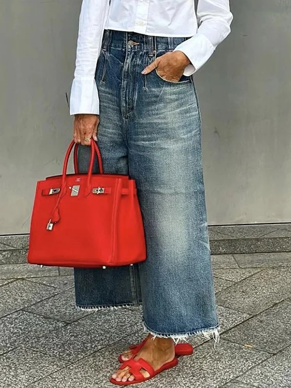 Loose Wide Leg Buttoned Fringed Pockets Jean Pants Bottoms