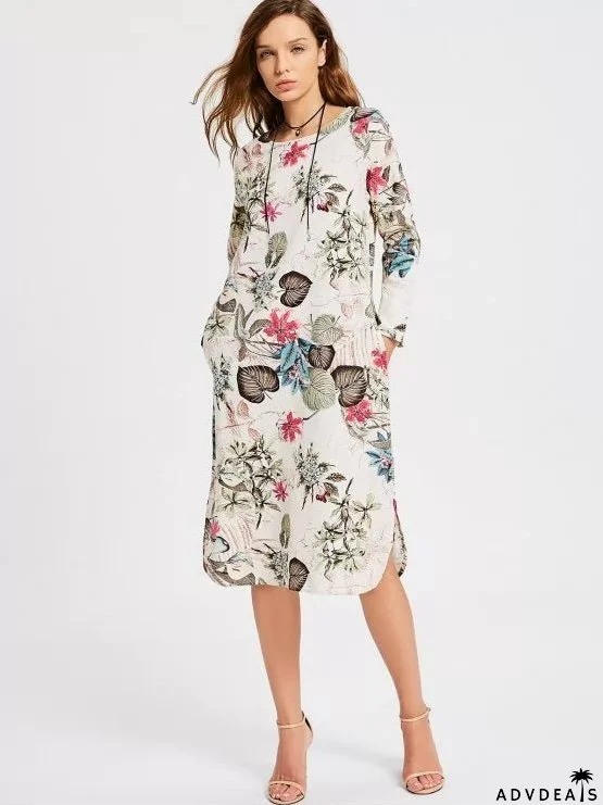 Long Arm Flowered Slit Design Dress