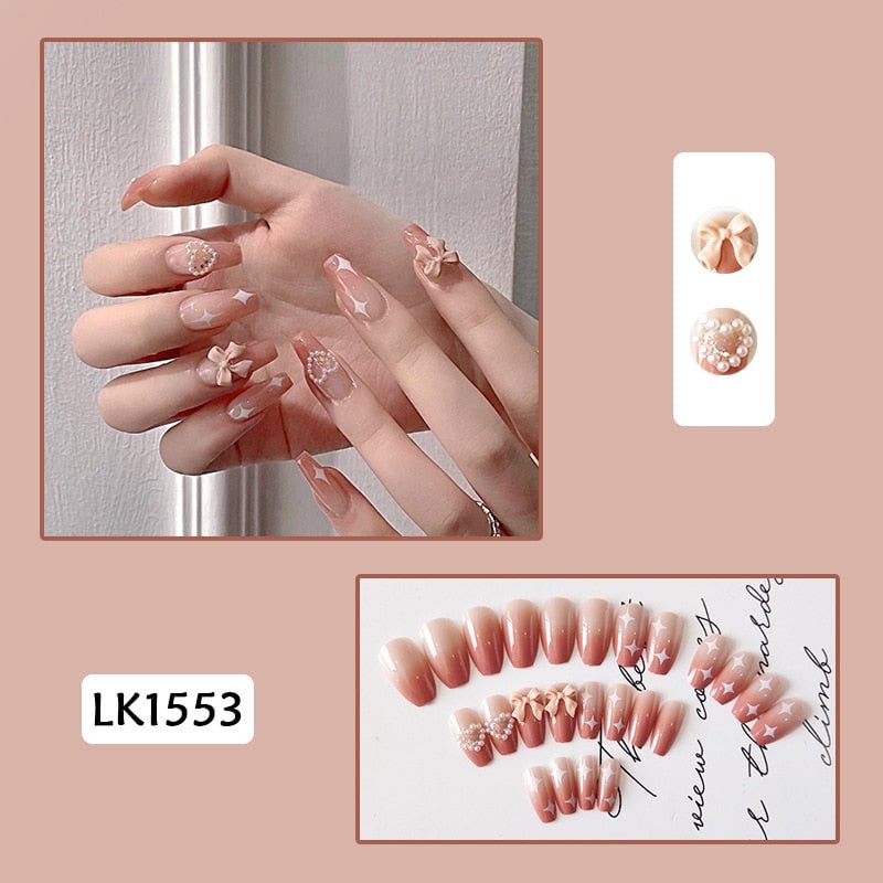 24pcs/box Fashion Long Style Round Head Wearable Fake Nails Patch Oval Aurora Pearl Magic Color Girls Decor Finished Nails T